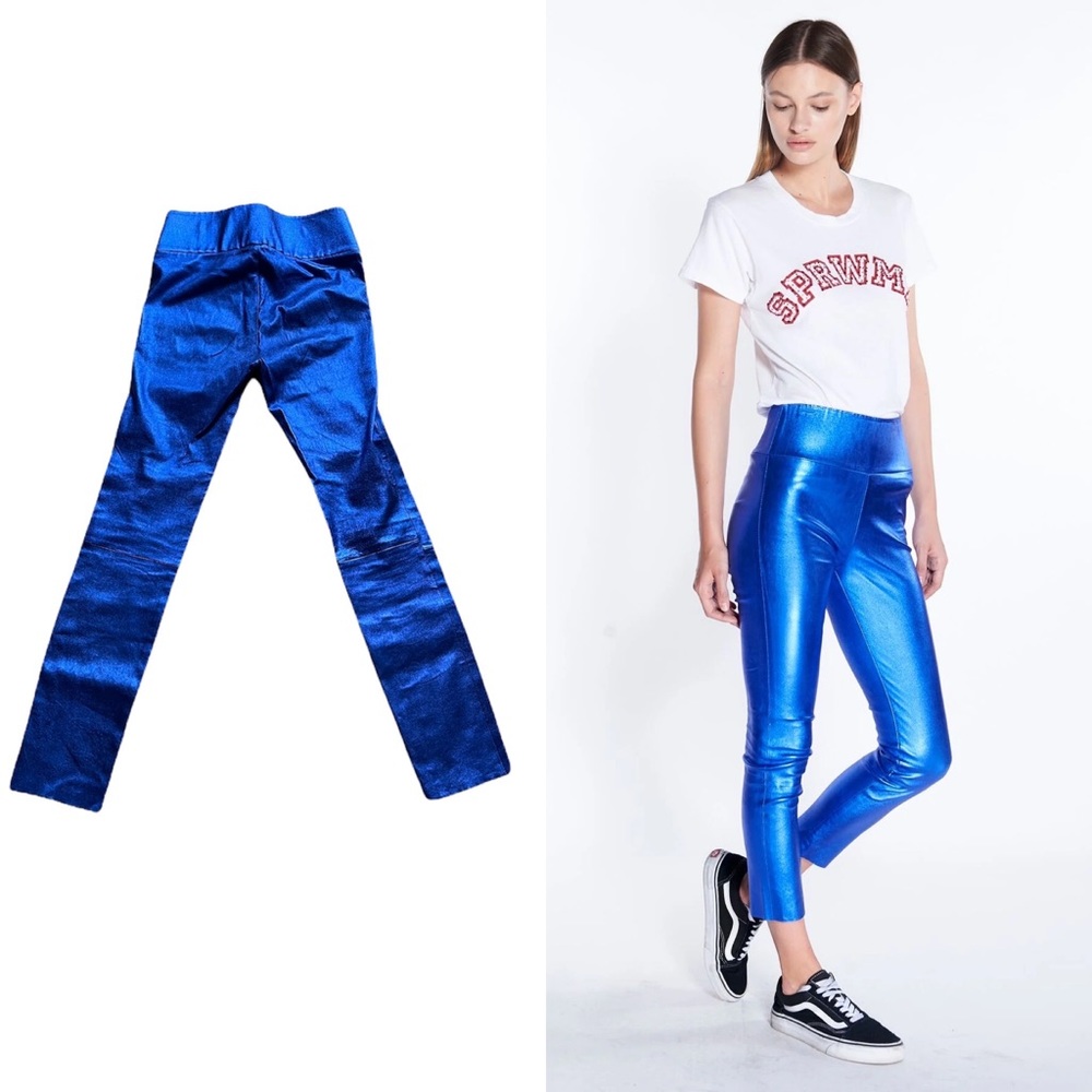 Sprwmn Leather Shiny Blue Leggings, size M
